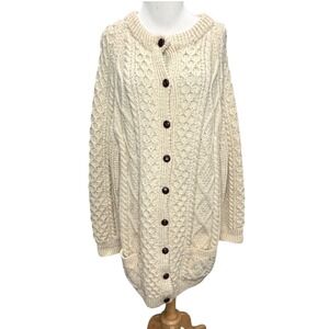 Vtg Blarney Woollen Mills Hand Knit Aran Cardigan Small Cream Fisherman Irish